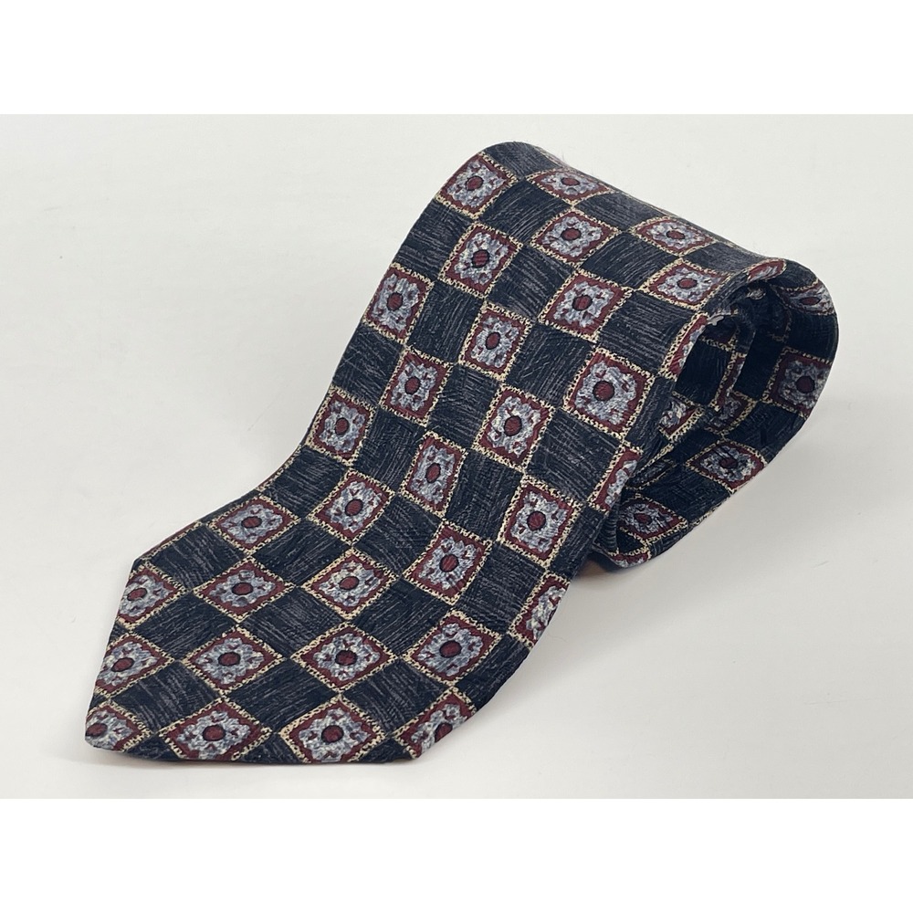 XMI Platinum Silk Necktie Mike Trotta Tailor Mens Navy Burgundy Medallion Tie